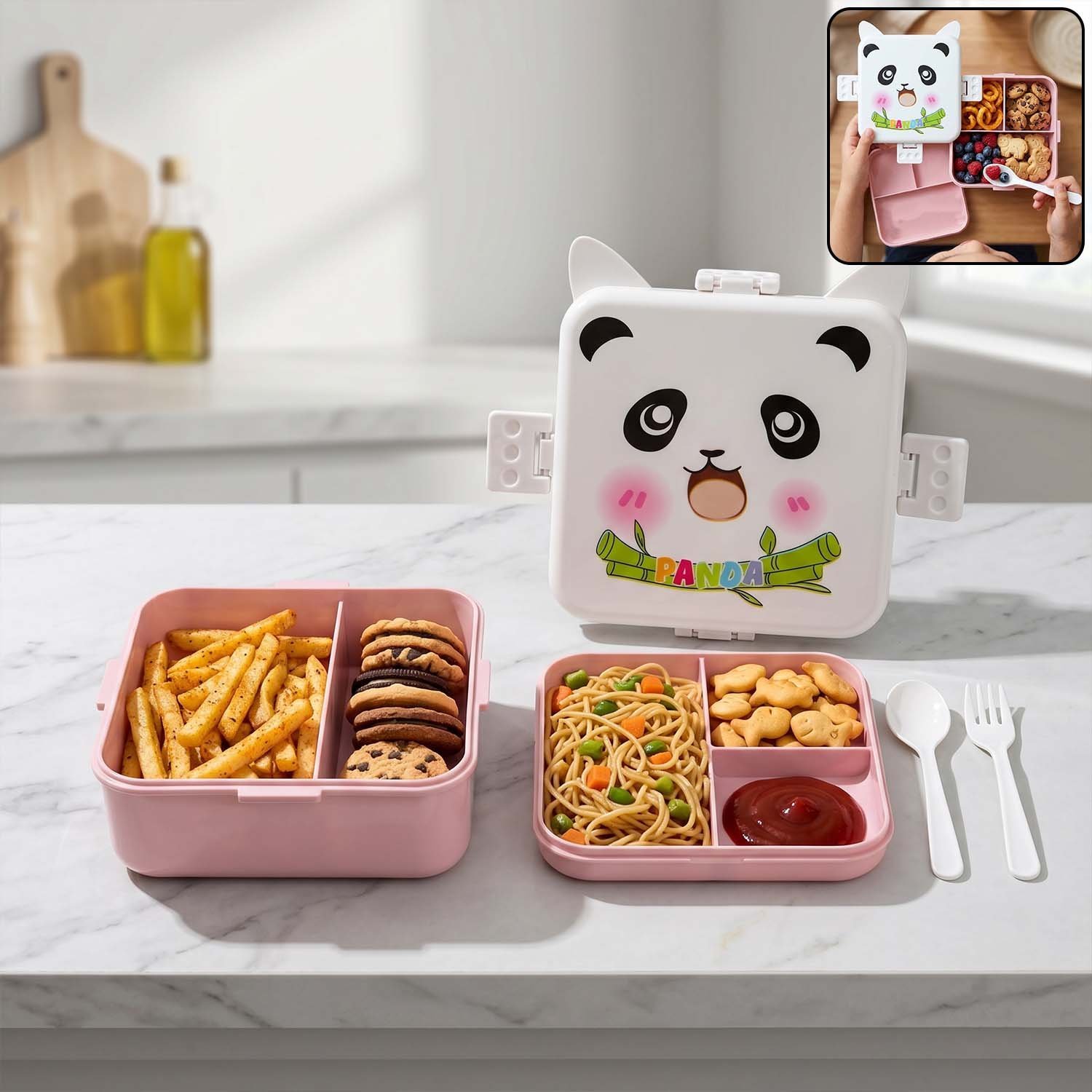 Kids Lunch Box with Compartments � Panda Design & Utensils for School & Travel