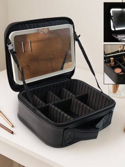 LED Light Makeup Organizer Box – Portable Cosmetic Storage with Mirror