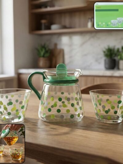 Glass Tea Pot Set – Elegant Polka Dot Design with Matching Cups