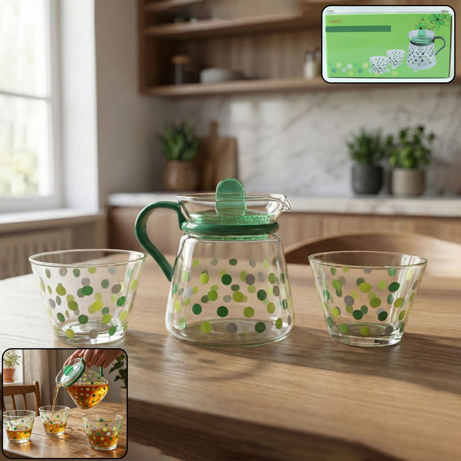 Glass Tea Pot Set – Elegant Polka Dot Design with Matching Cups
