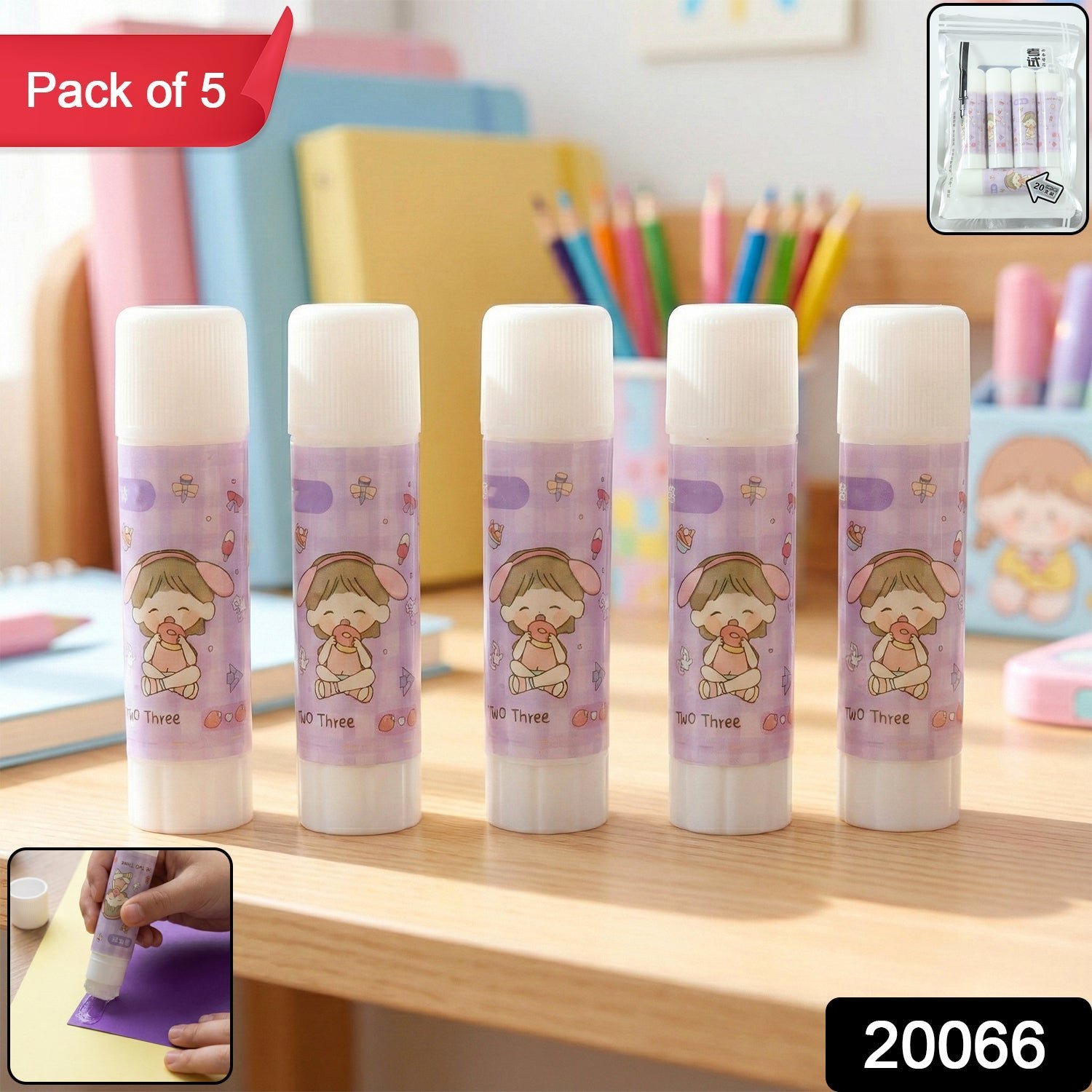 Solid Glue Stick Pack of 5 – Cartoon Design, Mess-Free Adhesive