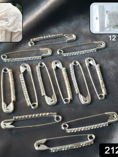 Silver Safety Pin Brooch Set – Elegant Crystal Accent 12 Pc