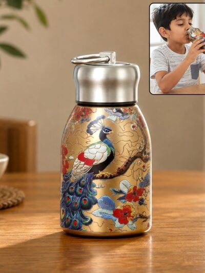 Stainless Steel Vacuum Water Bottle with Peacock Print and Carry Ring for School