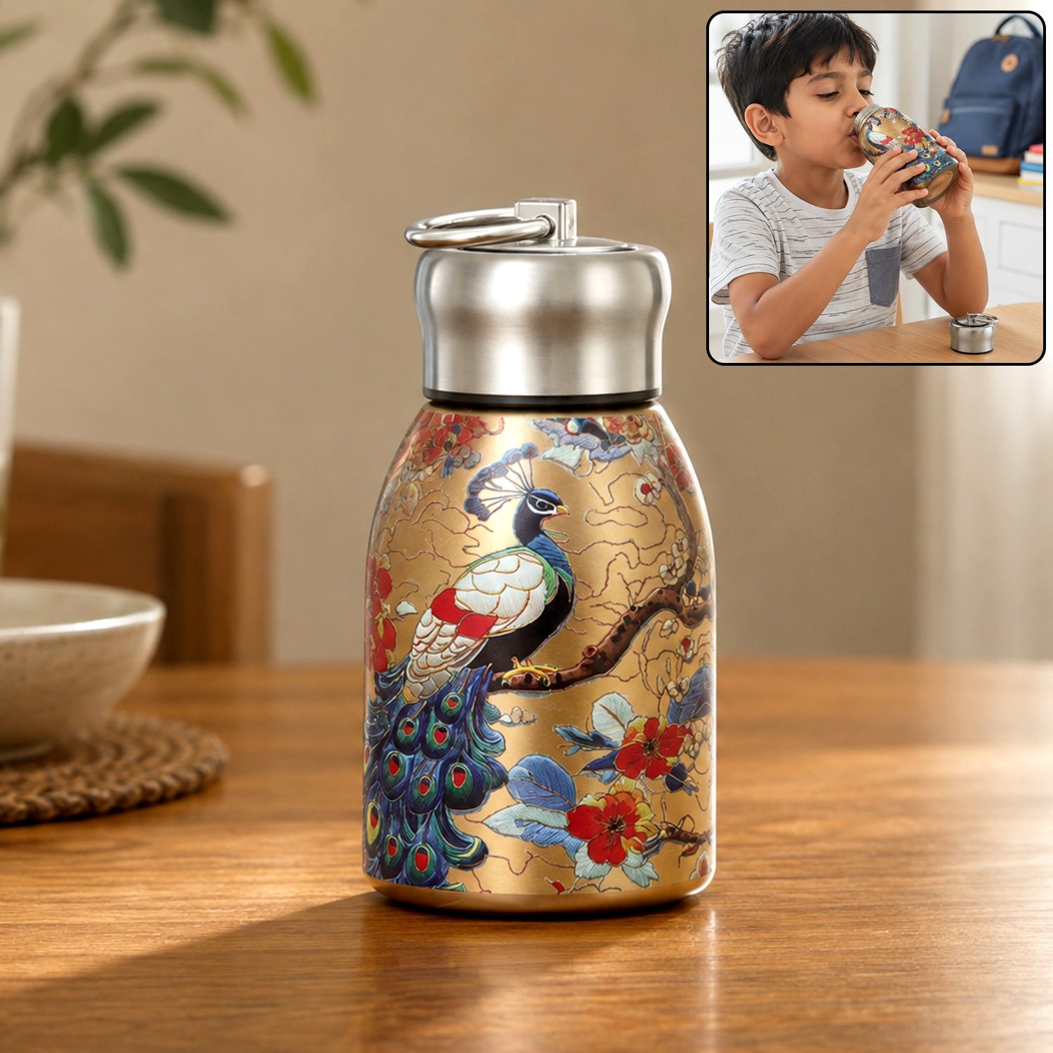 Stainless Steel Vacuum Water Bottle with Peacock Print and Carry Ring for School