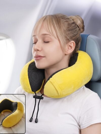 U Shaped Soft Neck Pillow Yellow Plush Travel Pillow with Drawstring (1 Pc)