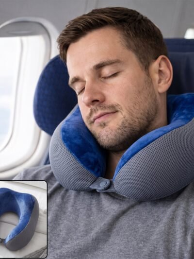 U Shaped Memory Foam Neck Pillow Blue Grey Travel Pillow with Snap (1 Pc)