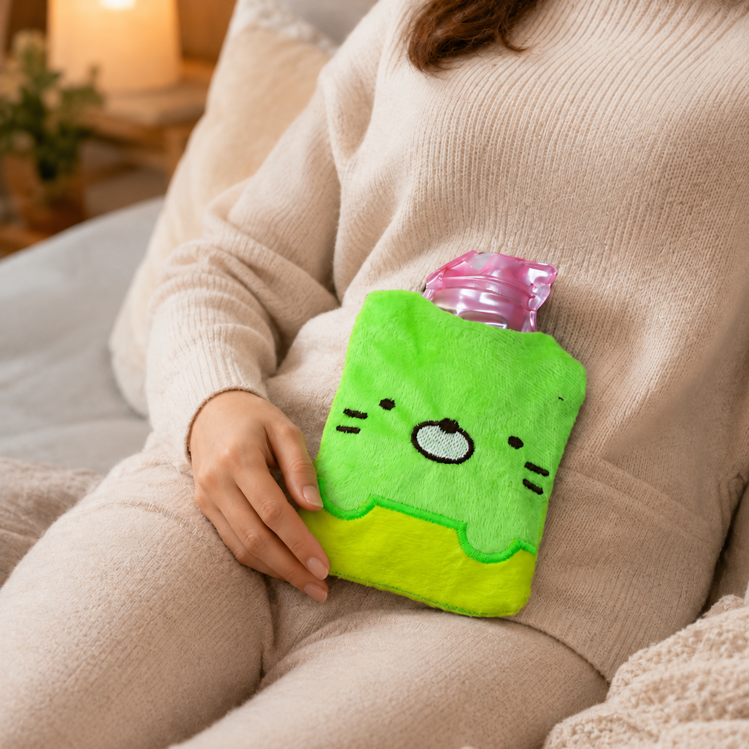 Green Kitty Hot Water Bag for Pain Relief & Cozy Warmth
